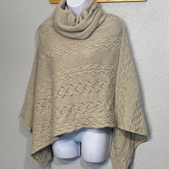 Trevisi Sweaters - Wool/Cashmere Elegant Cowl Neck Cable Knit Poncho - Oatmeal From Italy